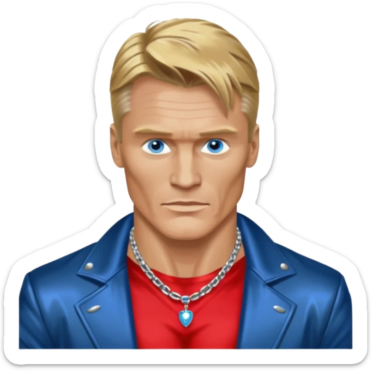 Dolph Lundgern with shirtless with necklace, blue eyes, dark blonde hair, metallic black jacket sticker