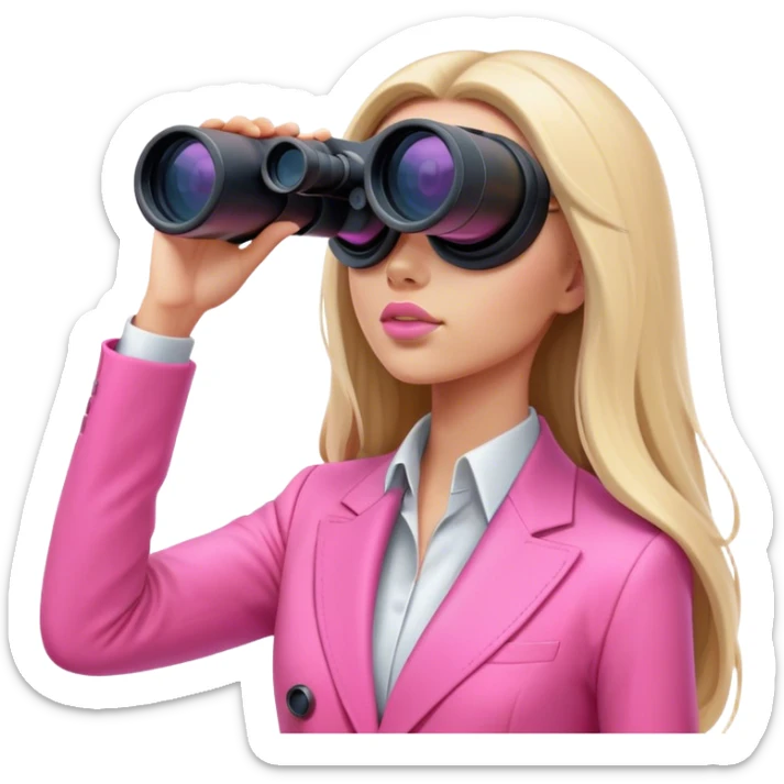 futuristic-looking woman with long hair in an intensive color pink suit looking through binocular, viewed from an angled perspective sticker