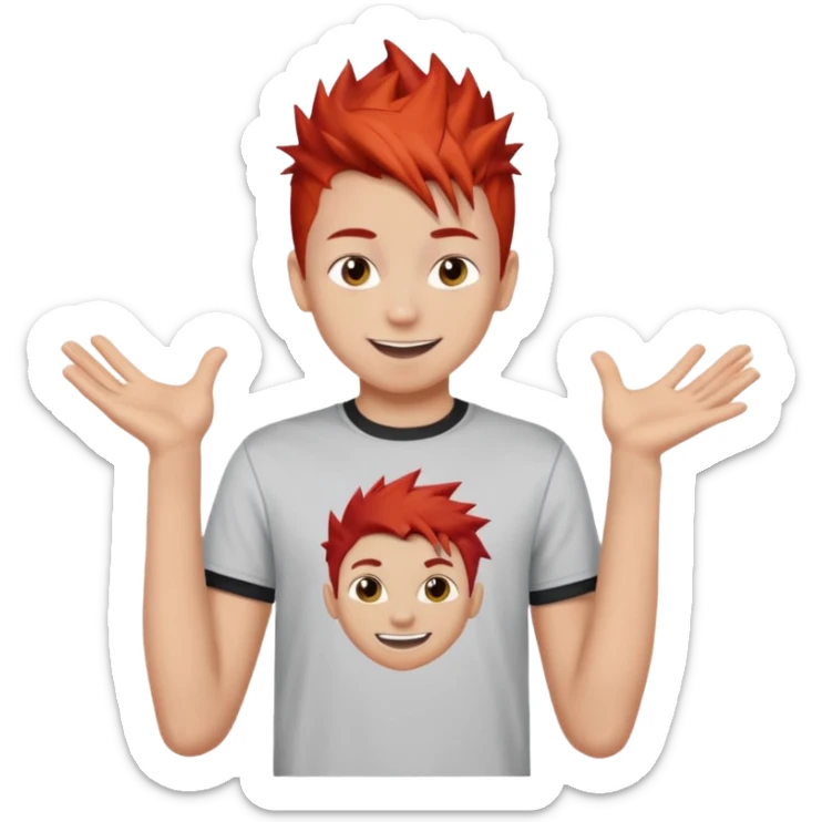 emoji of a teenage boy, spiky red hair, wearing a graphic tee, playful smile sticker