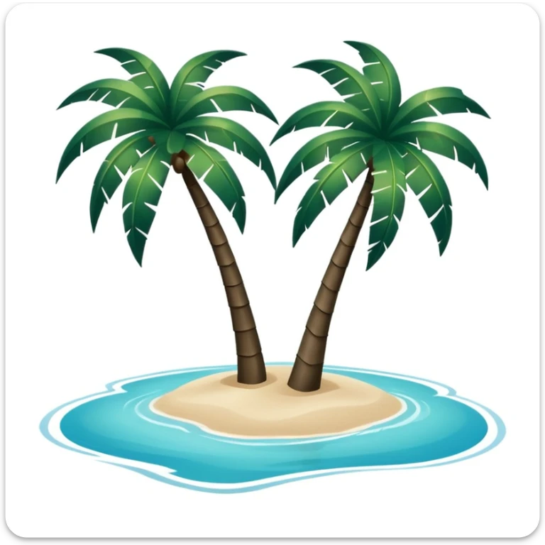 a pair of very dark green palm trees on light beige sand, surrounded by azure water, minimalism, no text sticker