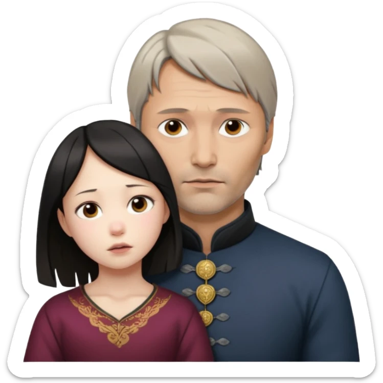Photorealistic mads mikkelsen holds asian girl by the neck sticker
