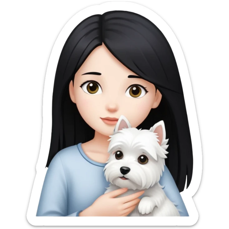 A girl with long straight black hair holding a white Westie sticker