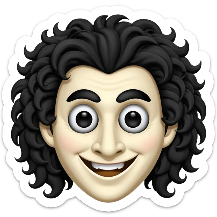 generate theatre wooden mask emoji with a big curly black hair 

wide black coloured smile, long and pointy white nose with no nostrils, pitch black eyes sticker