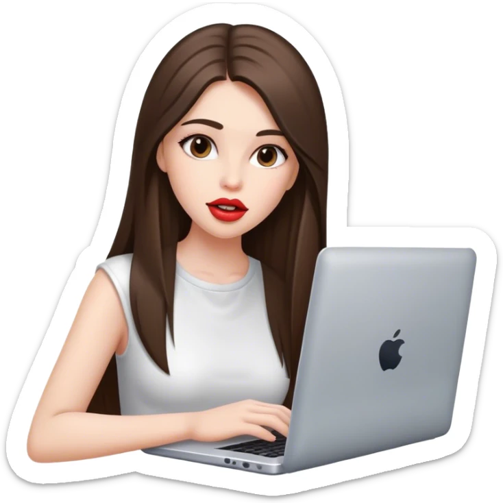 beautiful girl, with long straight brunette hair, with big lips, with laptop sticker