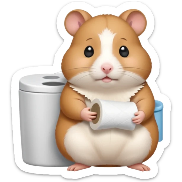 Cute chubby cartoon-style hamster sitting on toilet holding toilet paper looking as if he had an accident, sticker-style illustration sticker