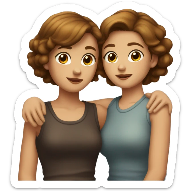 Tow girls with short brown hair one of them is tanned the other is white hugging  sticker