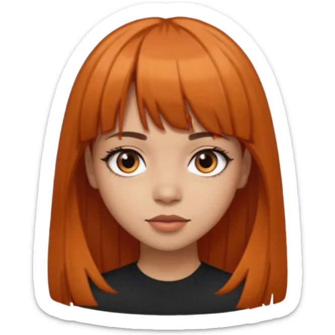 Light skin girl, black to brown orange-ish hair, big brown eyes and medium straight hair with bangs above the eyebrow  sticker