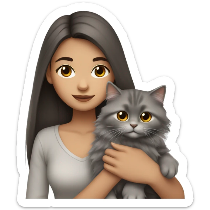 Dark brown straight hair girl with holding fluffy Siberian gray cat  sticker