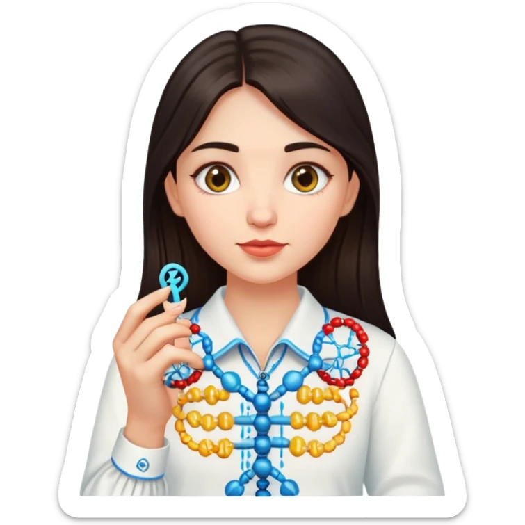 Ukrainian girl with dark hair in an embroidered traditional shirt holds a DNA molecule in her hand sticker
