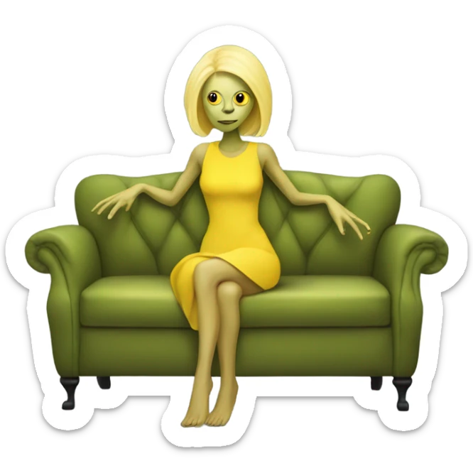 blonde alien reptilian woman in jellow dress, sitting on a couch  sticker