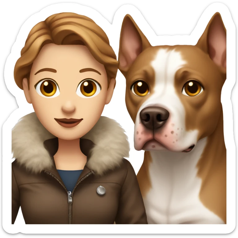 white woman with long brown hair in a furry jacket standing alongside a white pitbull with a brown patch around his eye sticker