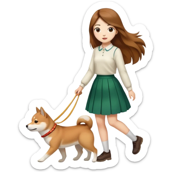 A girl with long brown hair and a skirt walking a Shiba Inu sticker