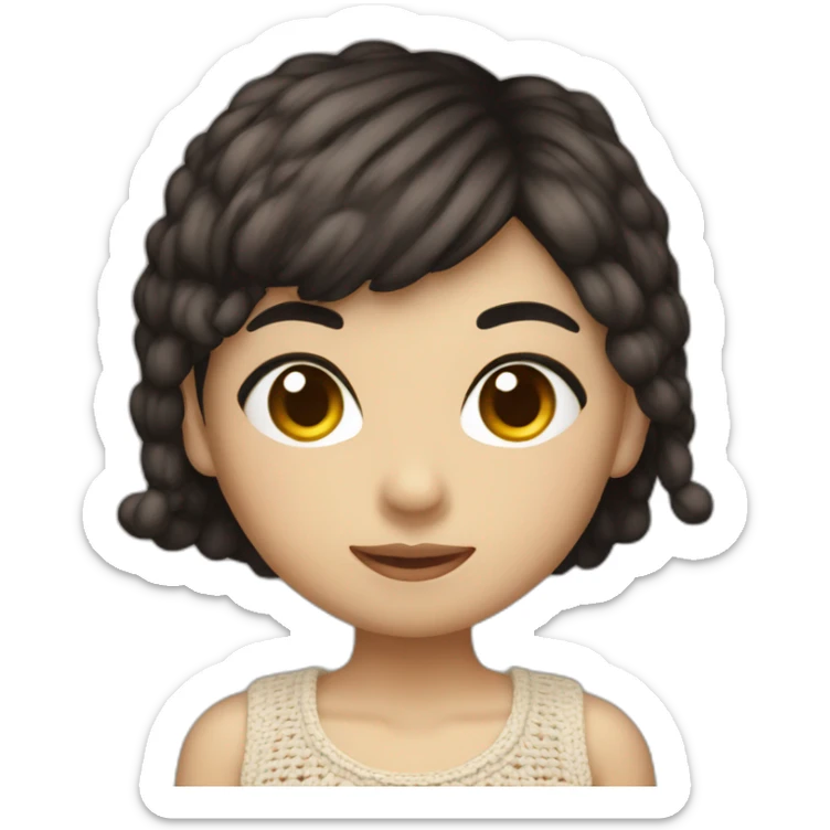 The Asian girl with dark short hair crochet a mushroom sticker
