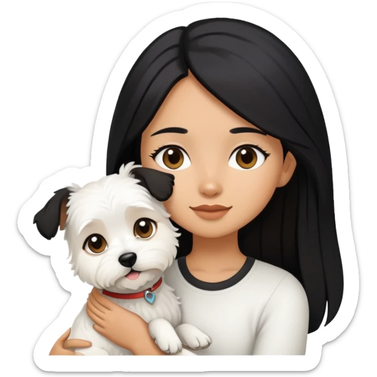 A girl with long black hair is holding a white terrier dog sticker