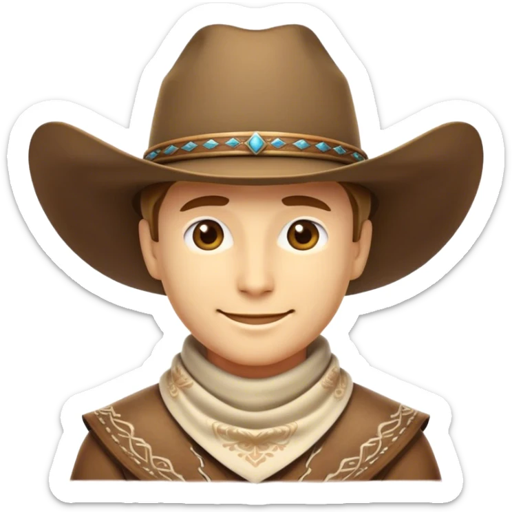Clash of Clans aesthetic: Beautiful and Majestic Cowboy Portrait Emoji, Rendered in serene confidence with a gentle, enigmatic smile and a regal wide-brimmed hat, showcasing a distinguished, weathered build with a timeless bandana and soft, wise eyes in natural skin tone, Simplified yet exquisitely endearing features, highly detailed, glowing with a soft, majestic western light, high shine, calm and heroic, stylized with an air of legendary frontier elegance, soft glowing outline, capturing the essence of a majestic cowboy whose noble spirit inspires epic journeys! sticker