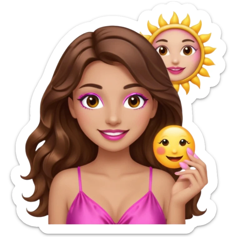 girl with long wavy brown hair, brown eyes, long lashes makeup, sexy pink lips, smiling, light to medium complexion, wearing a pink sexy silk top, holding the sun icon  sticker