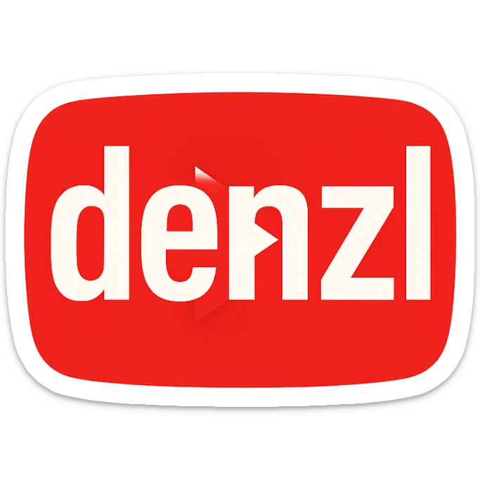 logo for 'denzl' inspired by YouTube branding, bold sans-serif lettering, red and white color scheme, play button icon integrated, modern and clean design sticker