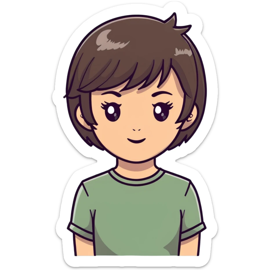 White girl with short wolfcut hairstyle, brown eyes, straight hair, wearing a sage green top sticker