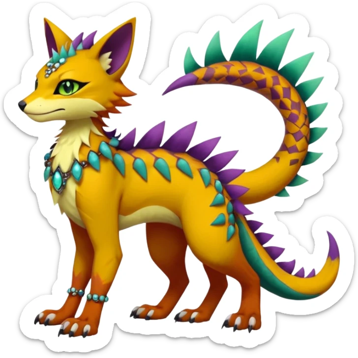 Kawaii cute reddish orangish yellowish greenish purplish exotic tribal beautiful pretty elegant divine edgy feline-vernid-sergal-Fakémon-Pokémon-Digimon-fursona-animal-creature with accessories, jewelries, full body, with intricate detailed markings, furs, fins, scales, spiny sticker
