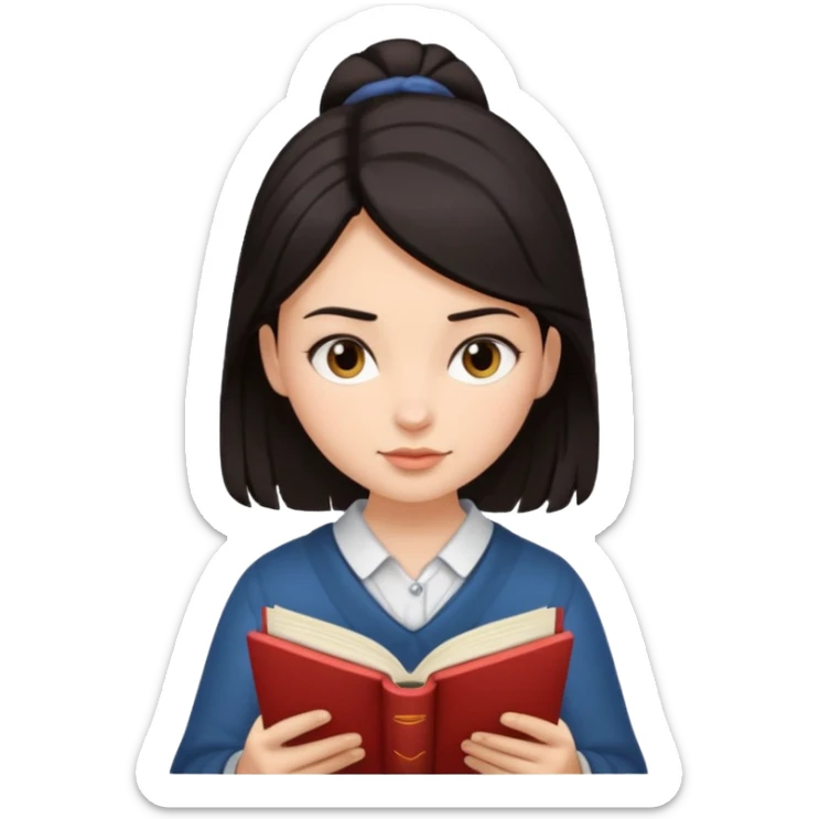 create an emoji where a girl with dark hair tied at the top  is reading  sticker