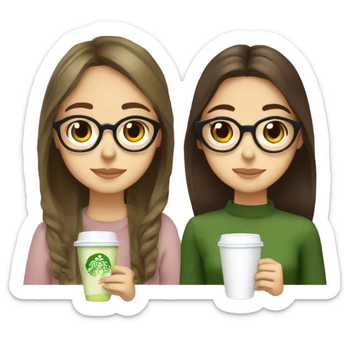 two girls drinking matcha lattes together they both have brown hair and brown eyes one has glasses and straight hair the other has wavy hair slightly shorter than the other girl  sticker