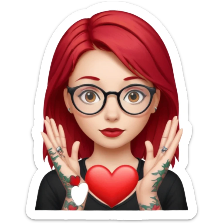 Beautiful girl, with glasses, red hair, tall, slim, with tattoos and small piercing, showing heart with hands sticker