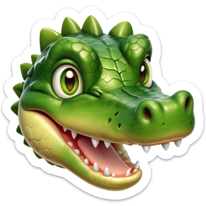 Cinematic Realistic Cute Crocodile Portrait Emoji, Head tilted playfully and inquisitively, featuring a robust, well-defined build with intricately detailed, glossy olive-green scales and a surprisingly endearing face with round, sparkling eyes full of unexpected charm, rendered with lifelike texture and natural highlights, high shine, affectionate and spirited, styled with a touch of wild whimsy, soft glowing outline, capturing the essence of a mischievous yet lovable crocodile that seems poised to snap playfully out of the screen into your arms! sticker