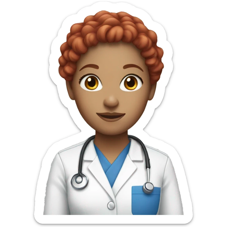 White woman with red long curly hair and blue eyes wearing scrubs sticker