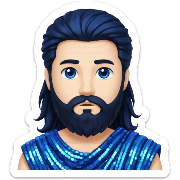 Neptune from Roman Deities with long black hair and beard, blue sequin toga sticker