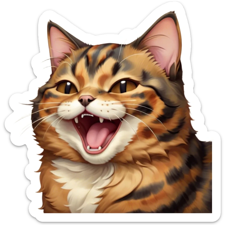 Cinematic Cute Yawning Tortoiseshell Cat Portrait Emoji, Head slightly tilted with a wide, adorable yawn and half-closed, dreamy eyes, featuring a warm, mottled fur of rich browns and blacks, simplified yet irresistibly cute, highly detailed, glowing with a soft, slumbering radiance, high shine, exuding a relaxed, drowsy charm, styled with a gentle, soft glowing outline, capturing the essence of a tortoiseshell cat in a precious moment of sleepy delight! sticker