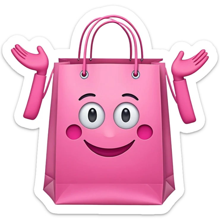 Make a pink shopping bag with 2 arms and legs and eyes and smile sticker