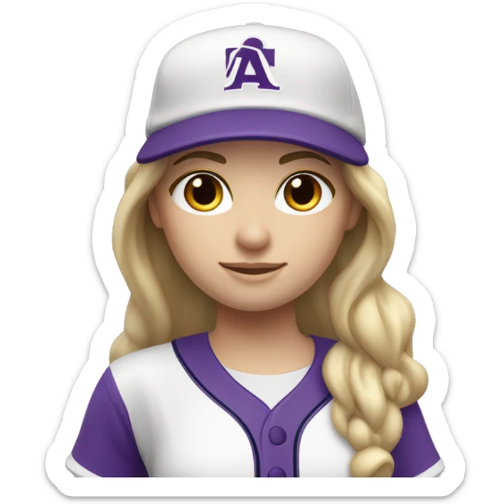 baseball card character. Blonde female long straight hair. C logo. Purple and white uniform. sticker