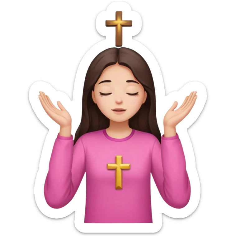 Girl long dark brown hair light medium skin worship God hands lifted eyes closed  pink, no crosses sticker