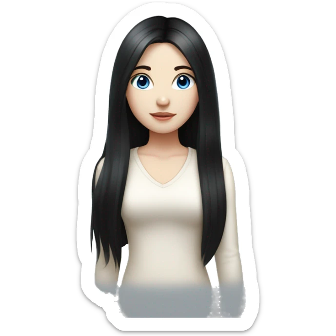 a girl with fair skin, straight long black hair, blue eyes, standing, very beautiful, very hot,Korean American Russian sticker