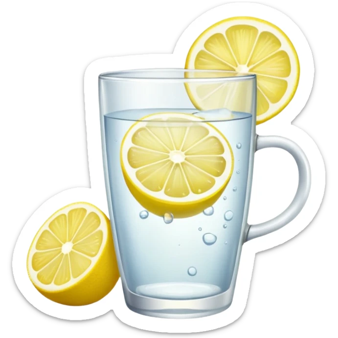A glass of lemon water with slice of lemon on the cup sticker