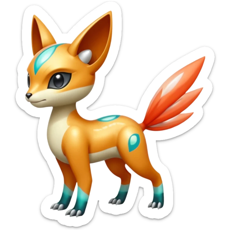 Shiny exotic animalistic feral Colorful glowing glossy smooth soft silky Futuristic Cyber-Vernid-Trico-Meloetta-Latias-Koraidon-Peppercat-Protogen-Pokémon-Digimon-Fakémon-fusion-hybrid-creature sticker