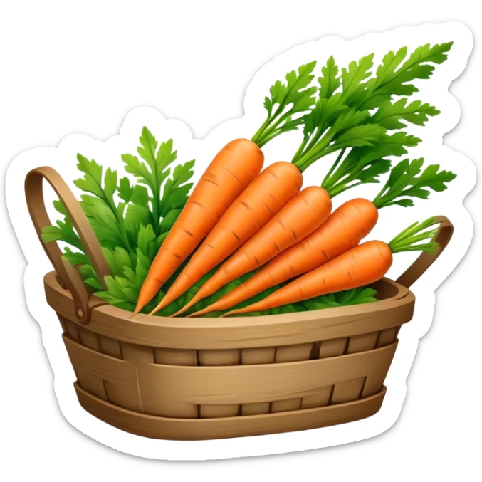 Cinematic vibrant orange carrot, crisp and fresh, slightly twisted with green leafy tops, arranged in a rustic wooden basket, natural and inviting. sticker