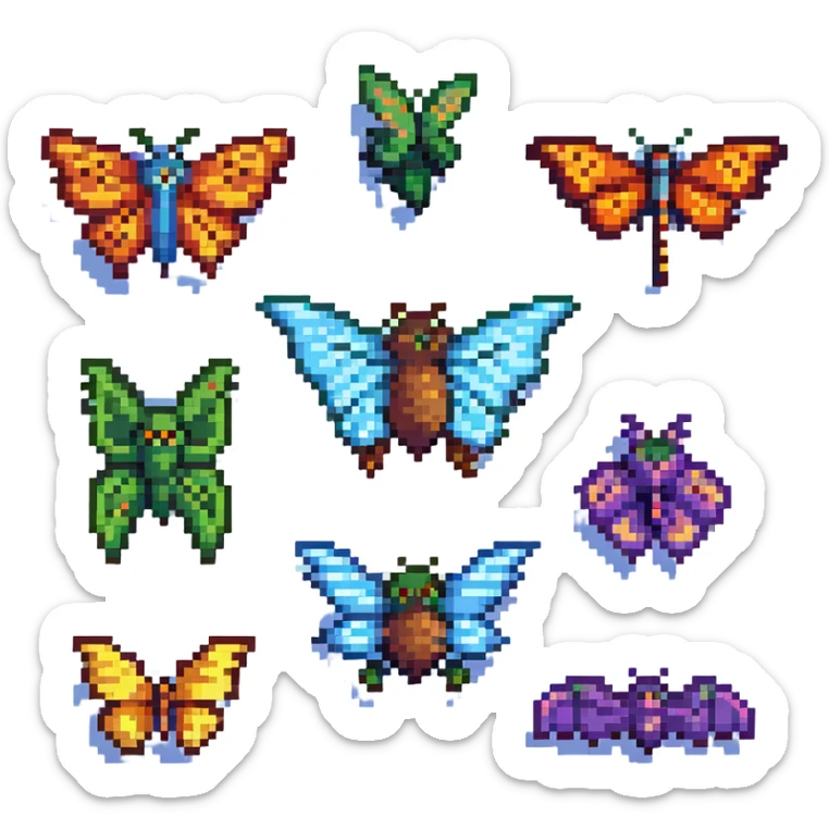 a lineup of winged animals including a bird, bat, butterfly, and dragonfly in pixel art style sticker