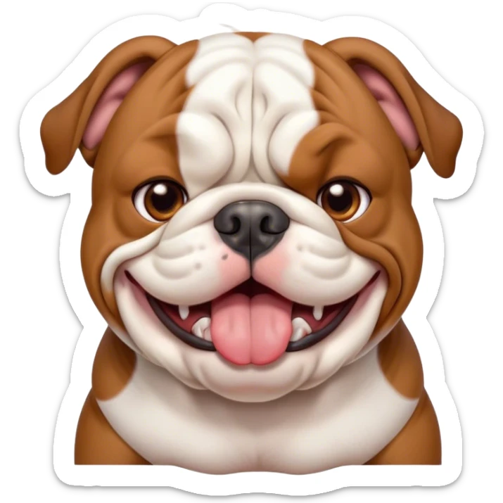 Cinematic Cute Yawning Brown and White English Bulldog Portrait Emoji, Head tilted slightly with a dramatic, wide-open yawn, showcasing a smooth brown and white coat with a defined pattern, floppy ears slightly drooping, round brown eyes barely open in drowsy contentment, Simplified yet irresistibly adorable features, highly detailed, glowing with a soft, cozy glow, high shine, relaxed yet expressive, stylized with a touch of whimsy, bright and endearing, soft glowing outline, capturing the essence of a sleepy yet affectionate guardian, so drowsy it feels like it could stretch out of the screen and curl up for a nap! sticker
