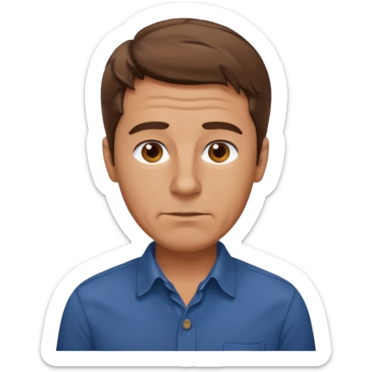 create an emoji of a man with wrinkles, oval face. he has an American look, messy brown hair, brown eyes, slightly tanned skin, natural lips. he wears a short sleeve dark blue buttoned shirt sticker