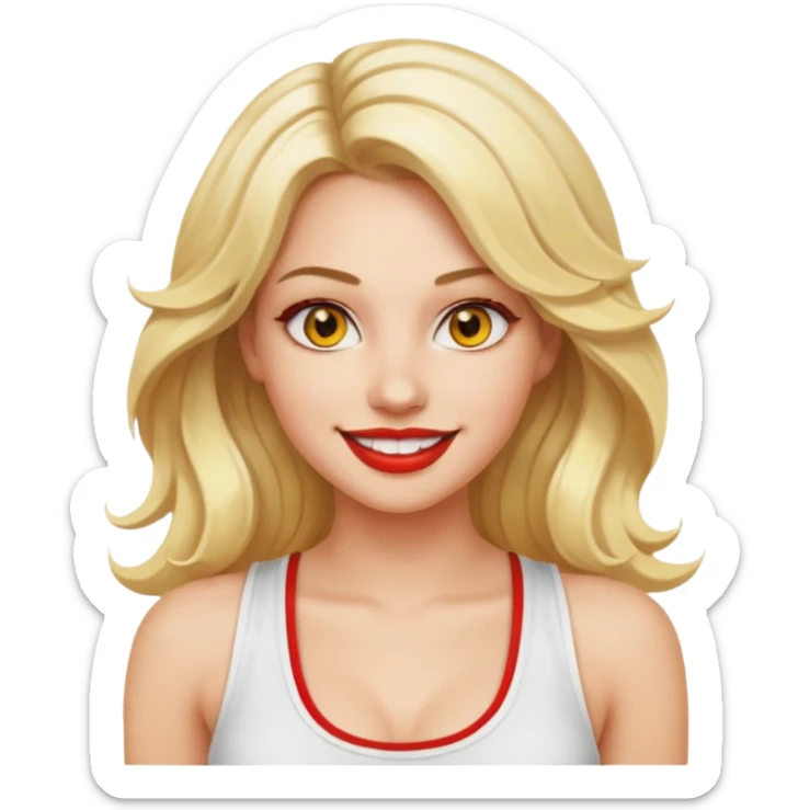 a woman with white tank top and smile, her hair is long wavy blonde hair, her face is baddie girl style, her eyes color are yellow and the color of her lip is soft red sticker