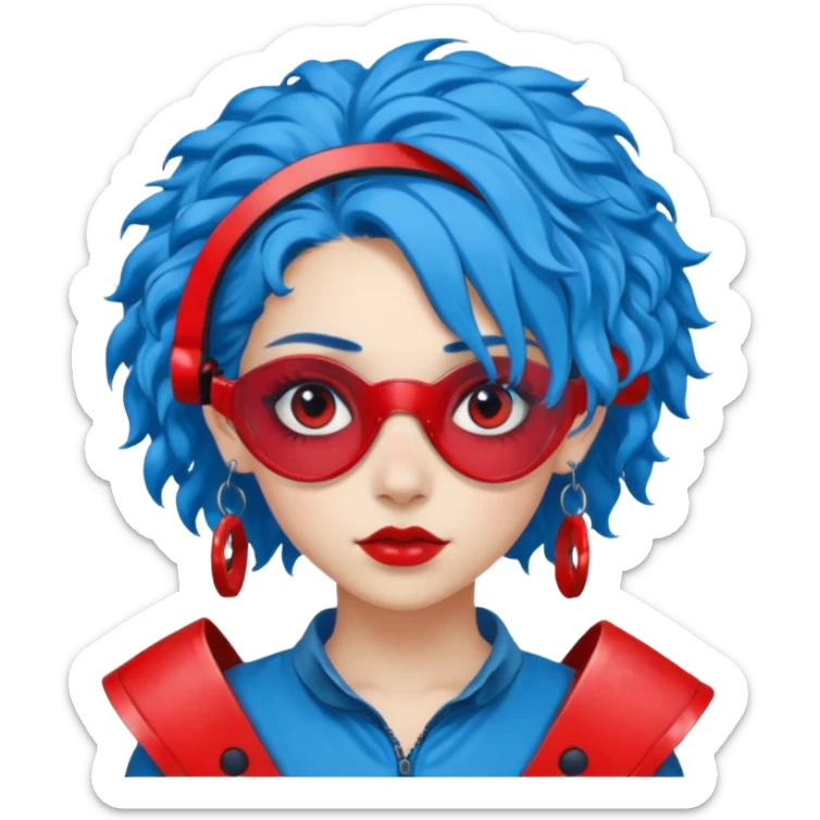 blue curly haired girl with huge earrings, wearing red paintball eye protection, only face  sticker