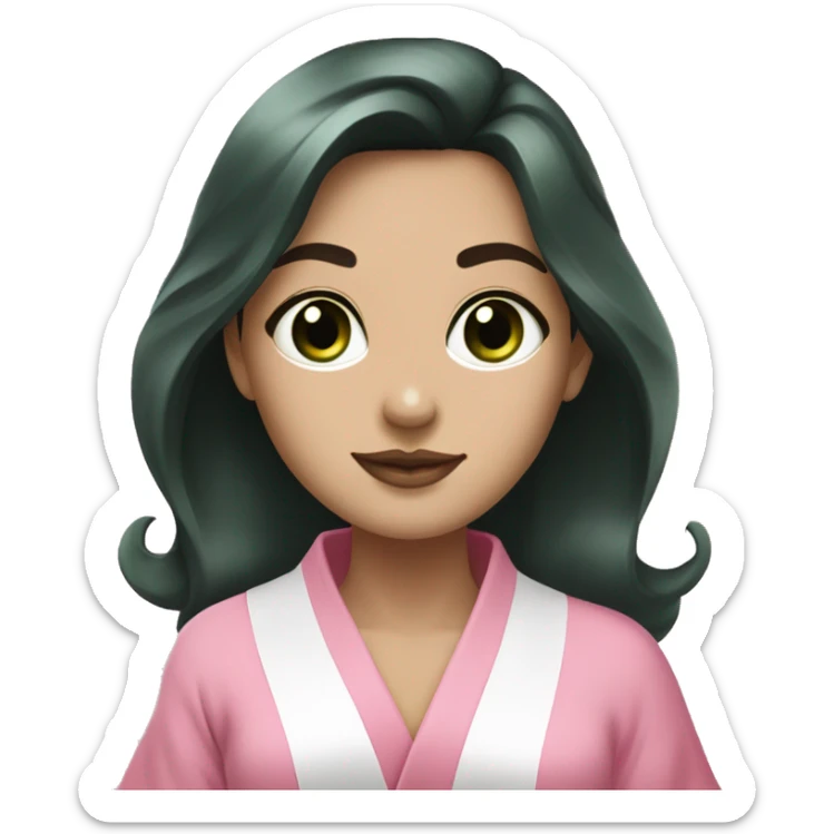 Girl with white skin, dark green eyes, and dark medium length hair, in a pink robe having a spa day sticker
