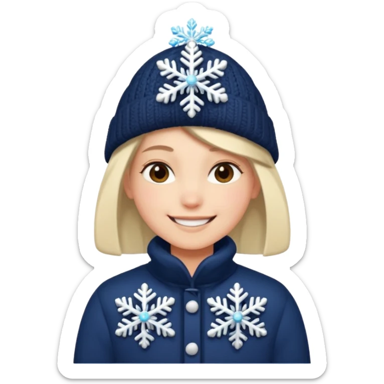 Fantasy human emoji portrait, small winter brooch or snowflake pin on clothing, festive but restrained design, cozy winter mood, flat emoji style, male/female variant
 sticker