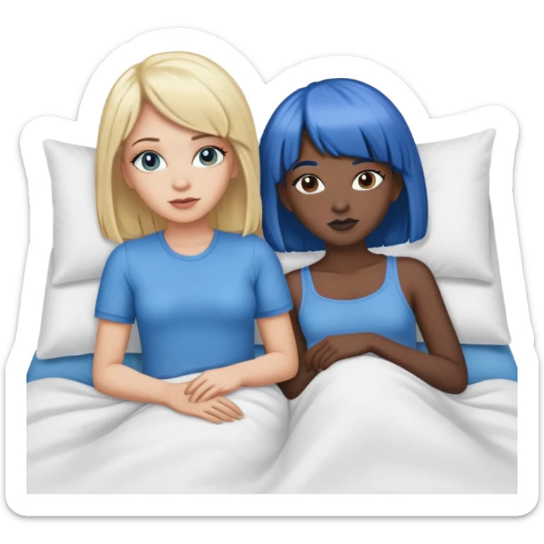 a white girl with blonde hair and a black girl with a blue wig laying in bed sticker