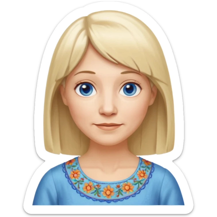 50 yr old white woman, hippie parted hair, short bangs, very long straight blond hair, oval face, small smile, blue eyes, thin face, hair downback, hair parted at center of head, round cheeks, pale, longer hair, white dress sticker