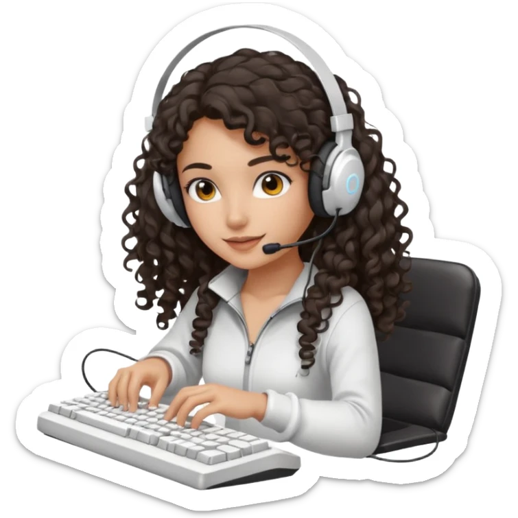 Spanish girl with long dark curly hair, wearing a white gaming headset and playing on keyboard with a gaming mouse in one hand sticker