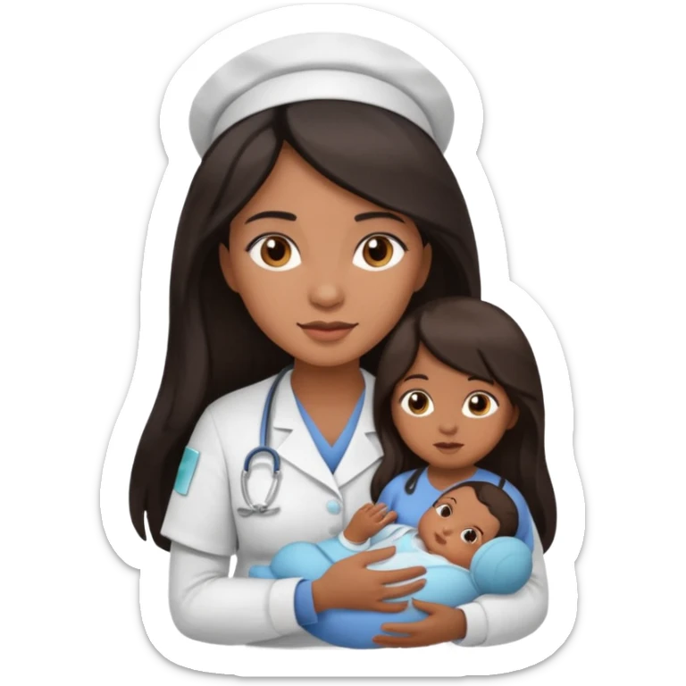 Female nurse with long dark hair with medium brown skin and brown eyes holding a baby sticker