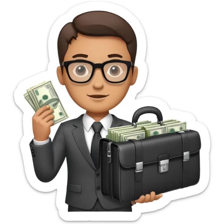 Male businessman wearing a suit and glasses holding open a briefcase showing stacks of dollar bills inside sticker