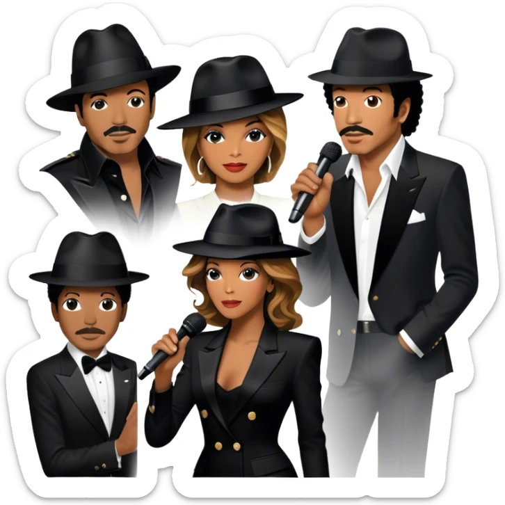 Icon for R&B Music: collage of iconic R&B artists—Michael Jackson, Beyoncé, Lionel Richie, Whitney Houston. Each artist represented by a silhouette or symbolic item (like a glove, microphone, or fedora). Transparent background. sticker
